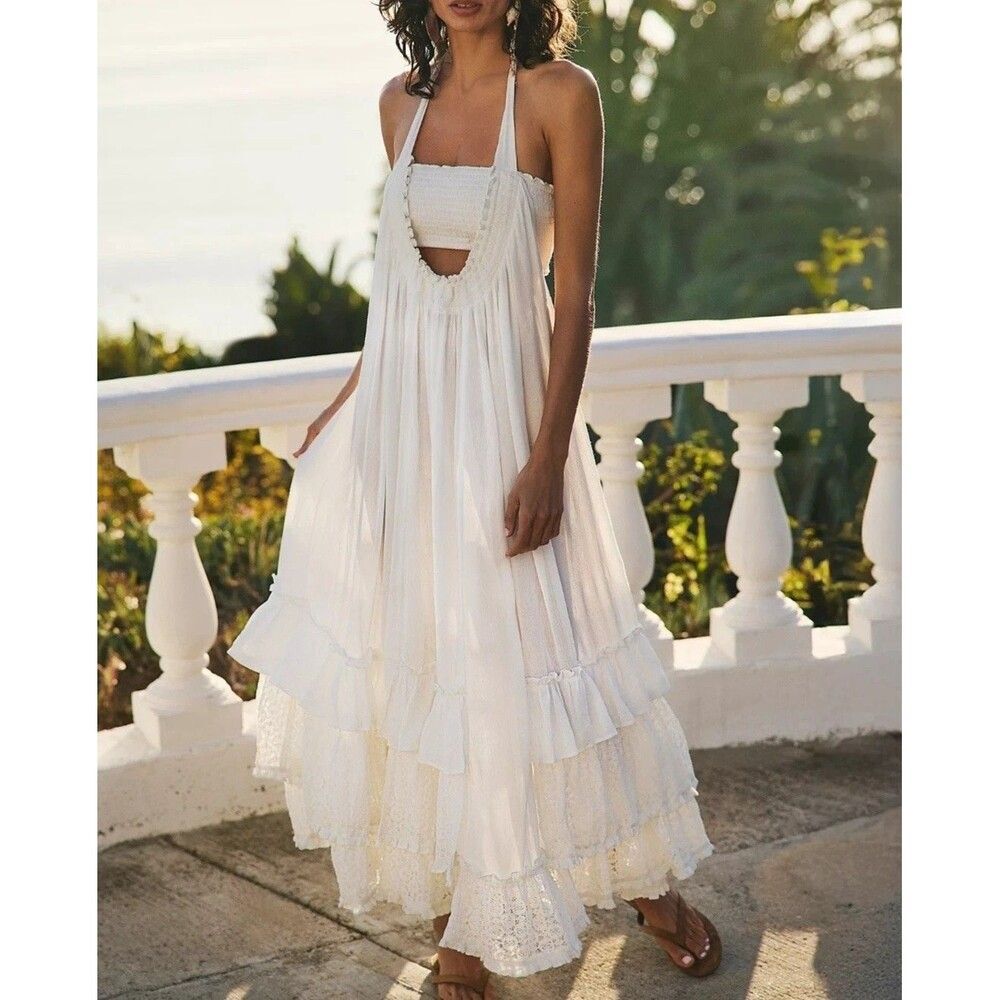 Free People Free-Est Kauri Maxi Dress Gauzey Smocked Halter Tiered Lace L 288258